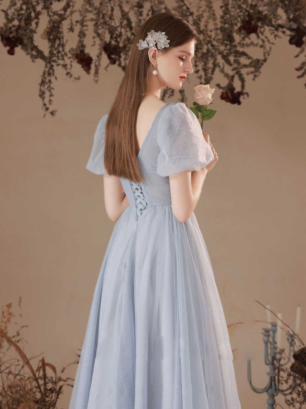 Grey Tulle Tea Length Short Sleeves Party Dress, Grey Tulle Formal Dress