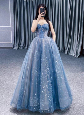 Lovly Blue Beaded Tulle A-line Long Party Dress, Blue Fashionable Evening Dress