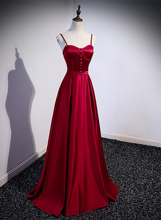 Dark Red Satin Sweetheart Straps Floor Length Prom Dress, Wine Red Evening Dress