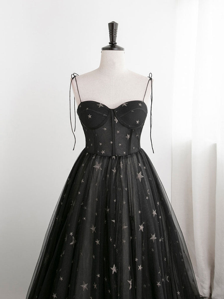 Blavk Sweetheart Straps A-line Long Tulle Prom Dress, Black Evening Party Dress