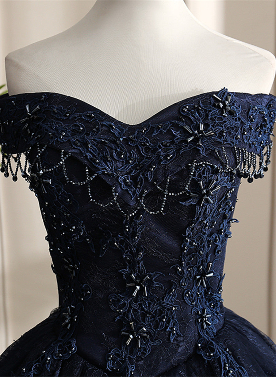 Glam Navy Blue Lace Ball Gown Sweet 16 Dress, Blue Long Wedding Party Dress