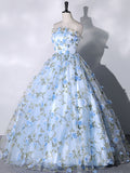 Blue Flowers Lace Ball Gown Long Formal Party Dress, Blue Evening Prom Dress