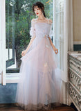 Lovely Pink and Blue Tulle Straps Long Party Dress, Tulle Wedding Party Dress