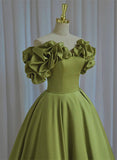 Light Green Satin Long Off Shoulder Lace-Up Party Dress, Green Prom Dress