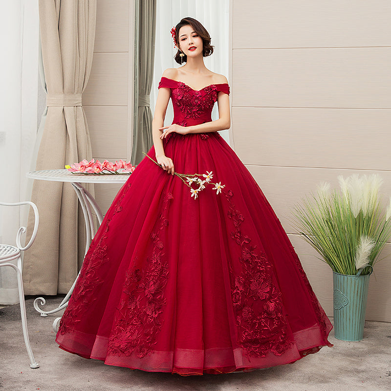 Burgundy Sweetheart Ball Gown Flowers Tulle Sweet 16 Dress, Burgundy Prom Dress