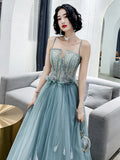 A-line Blue Tulle with Lace Floor Length Prom Dress, Straps Long Party Dress