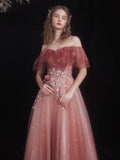 Off Shoulder Lace Applique Long Party Dress, Pink Tulle Prom Dress