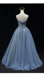 Lovly Blue Beaded Tulle A-line Long Party Dress, Blue Fashionable Evening Dress