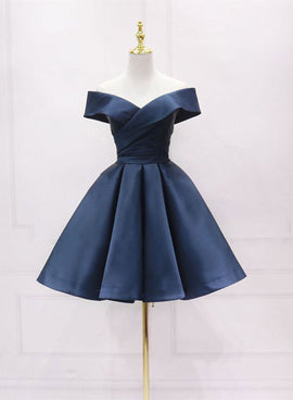 Navy Blue Satin Off Shoulder Short Graduation Dress, Blue Satin Prom Dress