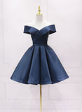 Navy Blue Satin Off Shoulder Short Graduation Dress, Blue Satin Prom Dress