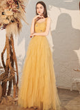 Light Yellow Tulle Straps Beaded Long Party Dress, Yellow A-line Prom Dress