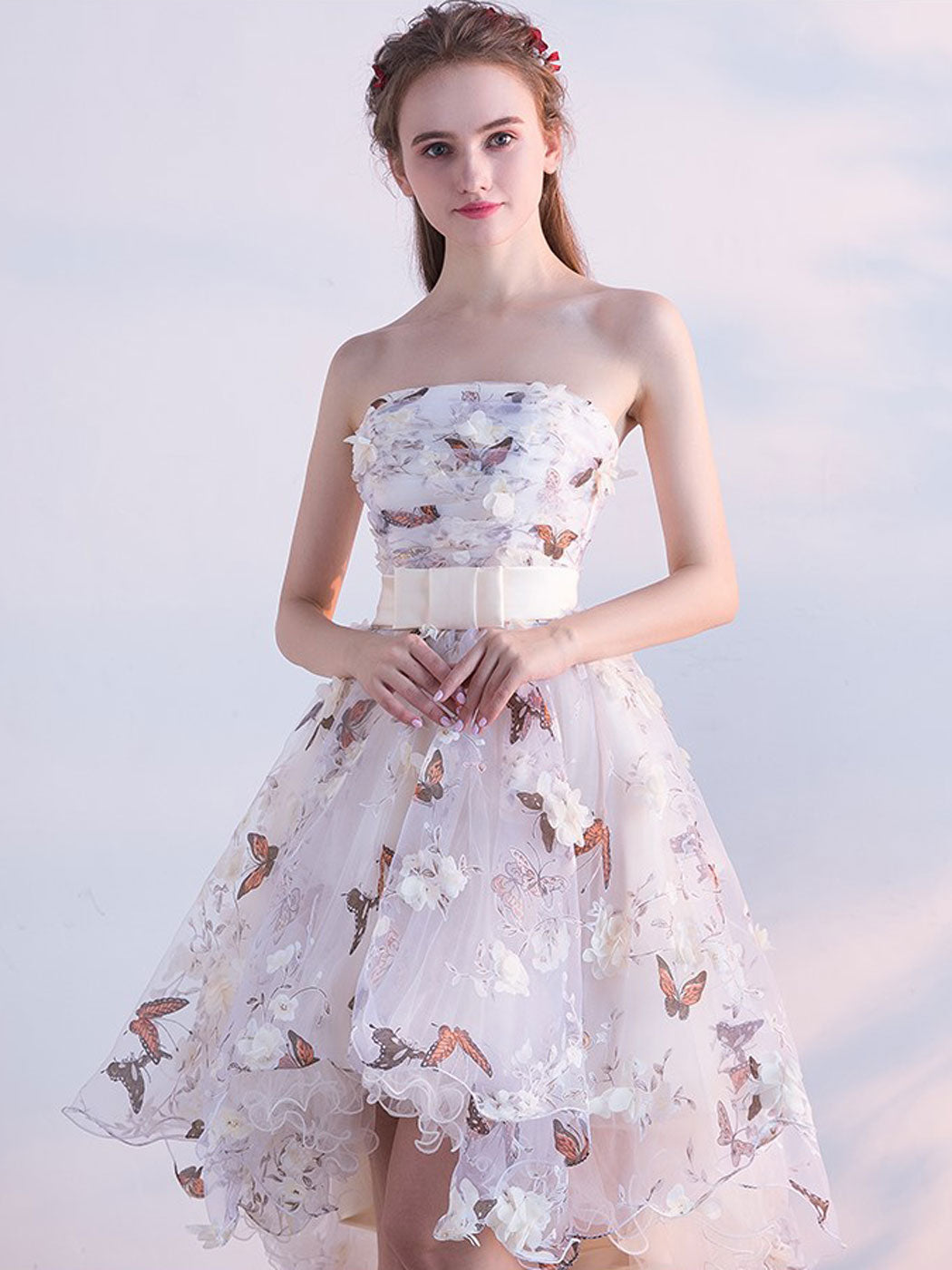 High Low Ivory Scoop Floral Tulle Party Dress, High Low Homecoming Dress