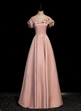 Pink Satin Off Shoulder A-line Prom Dress, Pink Floor Length Party Dress