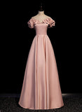 Pink Satin Off Shoulder A-line Prom Dress, Pink Floor Length Party Dress