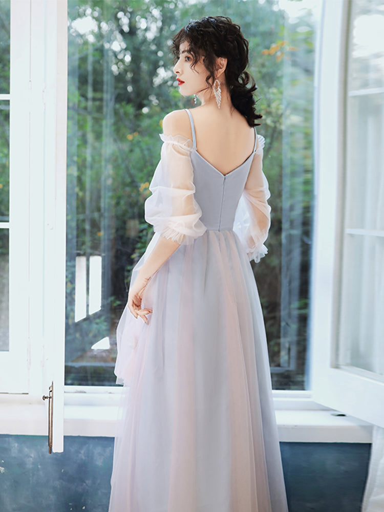 Lovely Pink and Blue Tulle Straps Long Party Dress, Tulle Wedding Party Dress