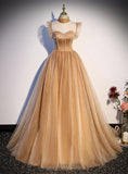 Champagbe Ball Gown High Neckline Tulle Party Dress, Beaded Long Prom Dress