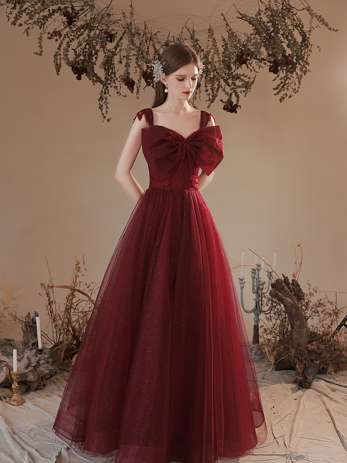 Wine Red Tulle Long Prom Dress with Bow, Wine Red Evening Dress Party