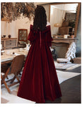 Burgundy Velvet Long Sleeves Beaded Prom Dress, Sweetheart Long Formal Dress