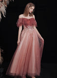 Off Shoulder Lace Applique Long Party Dress, Pink Tulle Prom Dress