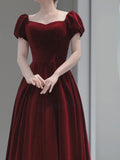 Wine Red Velvet Floor Length Wedding Party Dress, Short Sleeves Prom Dress