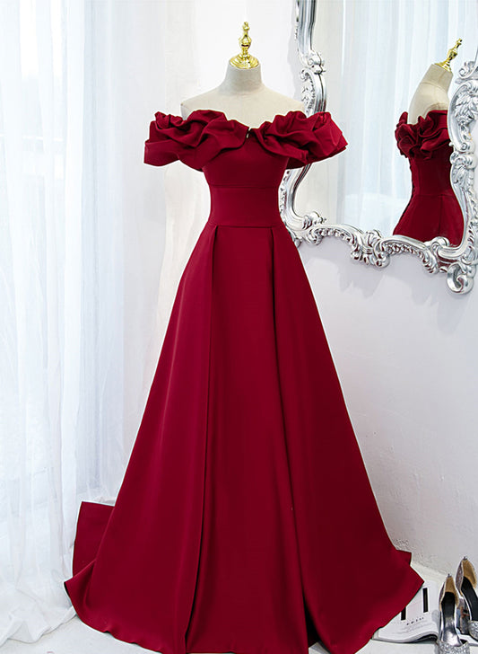 Beautiful Wine Red Satin Long Party Dress, Wine Red Evening Dress