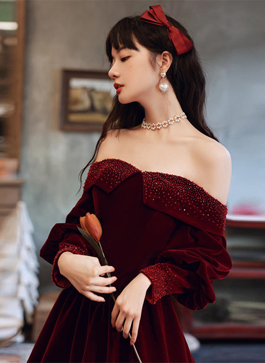 Burgundy Velvet Long Sleeves Beaded Prom Dress, Sweetheart Long Formal Dress