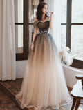 Gradient Tulle Lace Long Formal Dress, Off Shoulder A-line Prom Dress