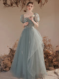 A-line Tulle Long Formal Dress with Lace, Elegant Green Prom Dress