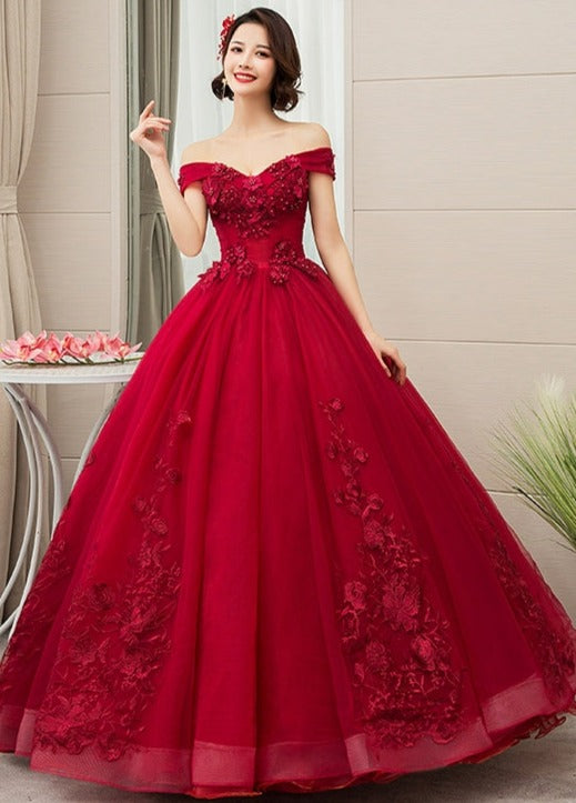 Burgundy Sweetheart Ball Gown Flowers Tulle Sweet 16 Dress, Burgundy Prom Dress