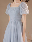 Grey Tulle Tea Length Short Sleeves Party Dress, Grey Tulle Formal Dress