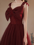 Wine Red Tulle Long Prom Dress with Bow, Wine Red Evening Dress Party Dress