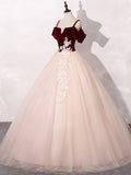 Pink and Wine Red Velvet and Tulle Party Dress, Ball Gown Formal Dress with Lace Applique