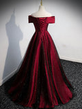 Wine Red and Black Satin Off Shoulder Prom Dress, A-line Long Party Dress