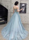 A-line Blue Tulle with Lace Floor Length Prom Dress, Straps Long Party Dress