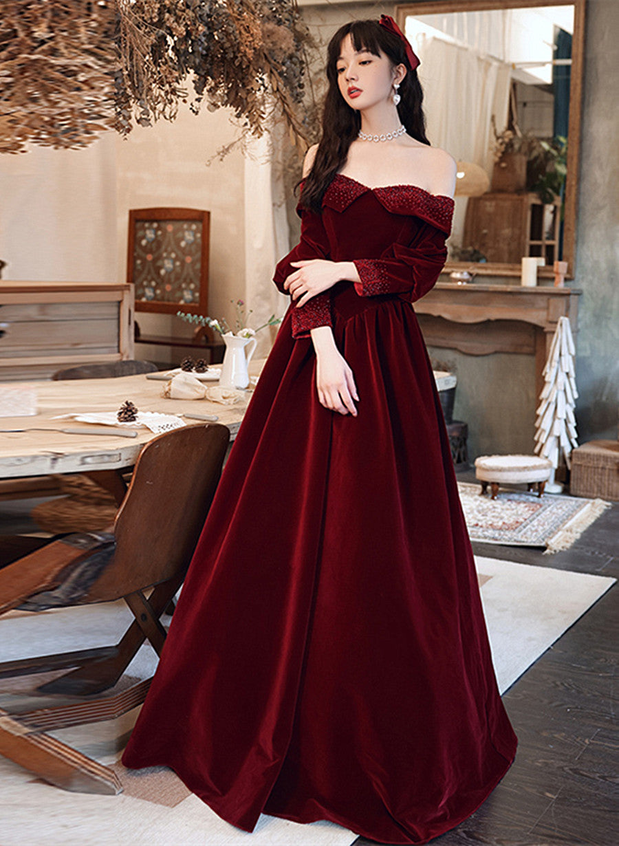 Burgundy Velvet Long Sleeves Beaded Prom Dress, Sweetheart Long Formal Dress