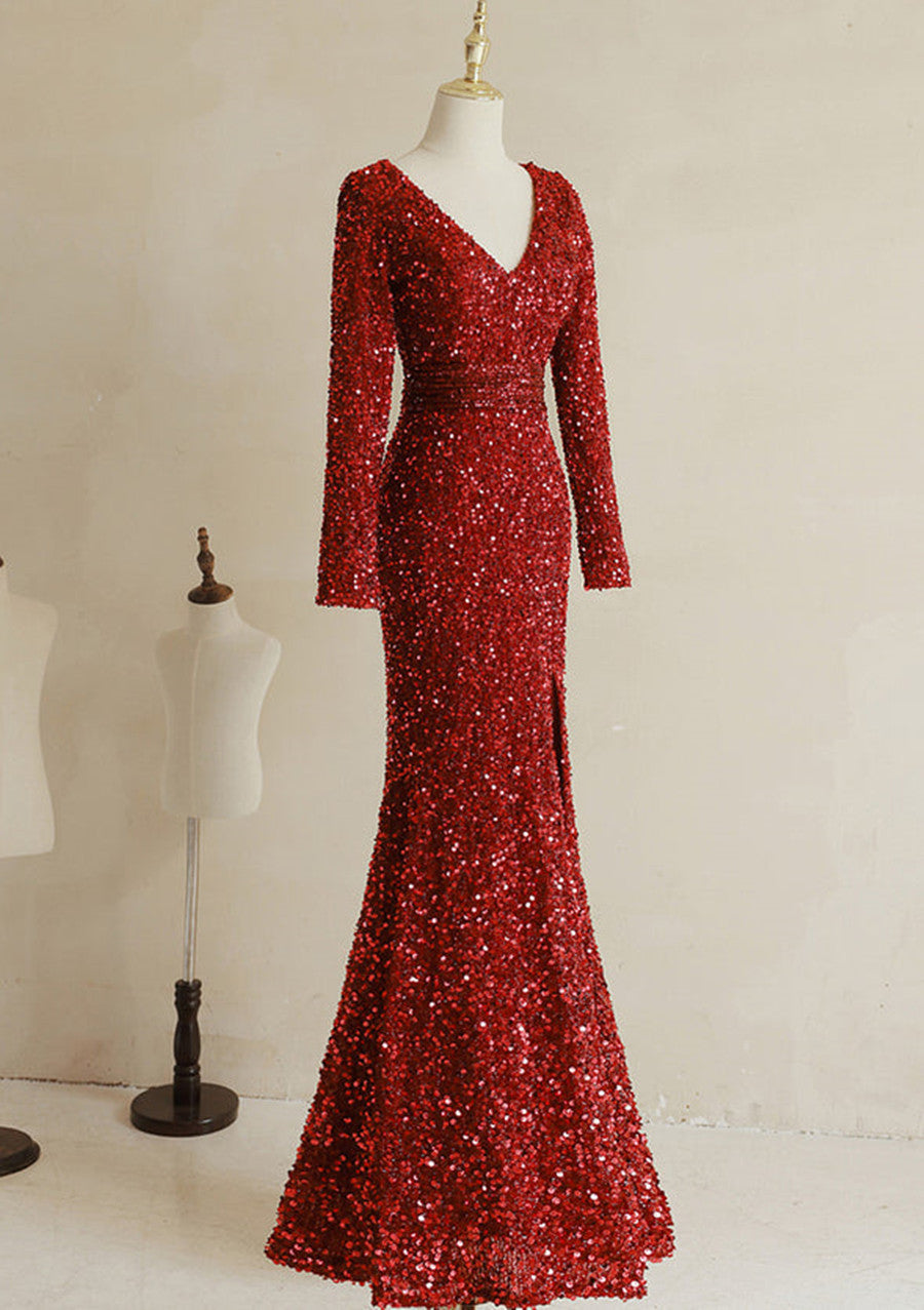 Wine Red Sequins Mermaid Long Sleeves Party Dress, Wine Red Long Prom Dress