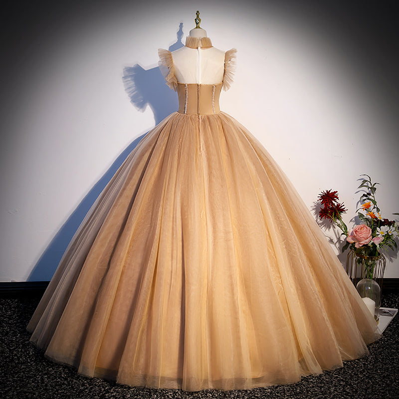 Champagbe Ball Gown High Neckline Tulle Party Dress, Beaded Long Prom Dress