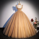 Champagbe Ball Gown High Neckline Tulle Party Dress, Beaded Long Prom Dress