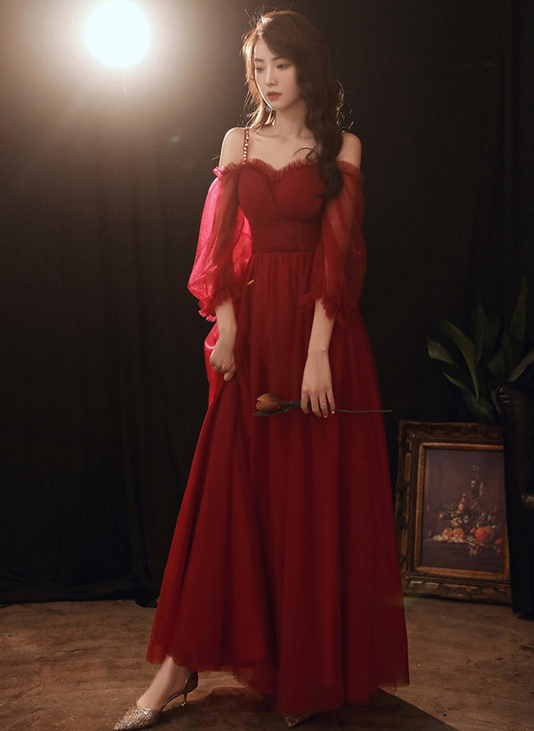 Wine Red Taffeta Straps Party Dress Prom Dress, Wine Red A-line Evening Dress