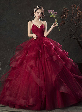 Burgundy V-neckline Straps Tulle Ball Gown Formal Dress, Burgundy Long Prom Dress