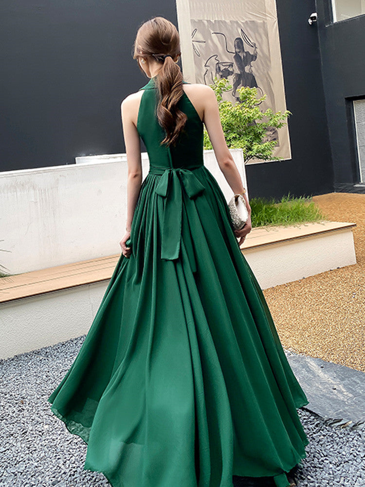 Green Chiffon Long Wedding Party Dress, Green V-neckline Prom Dress