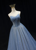 Lovly Blue Beaded Tulle A-line Long Party Dress, Blue Fashionable Evening Dress