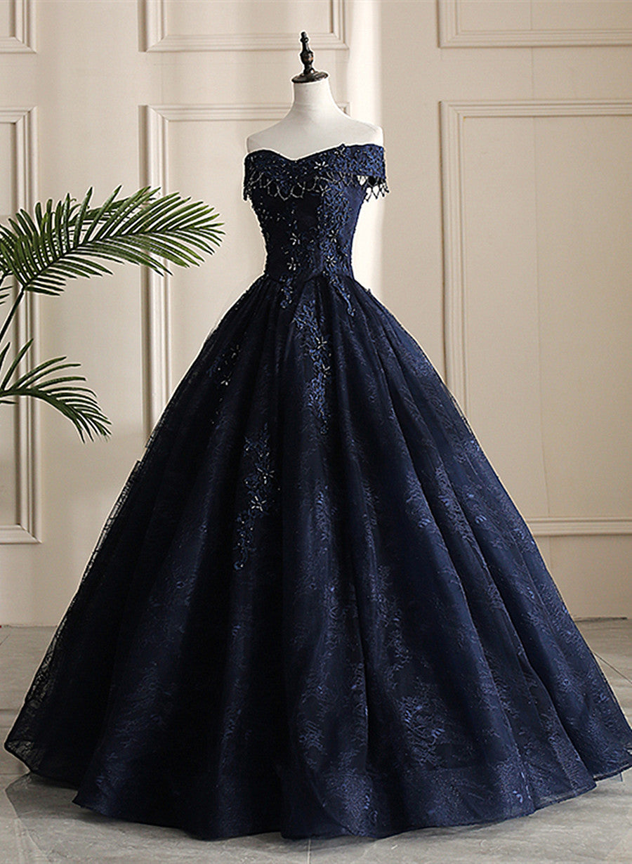 Glam Navy Blue Lace Ball Gown Sweet 16 Dress, Blue Long Wedding Party Dress