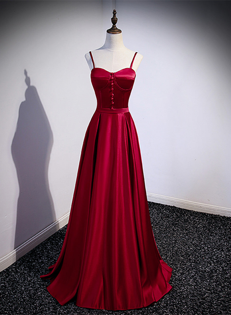 Dark Red Satin Sweetheart Straps Floor Length Prom Dress, Wine Red Evening Dress