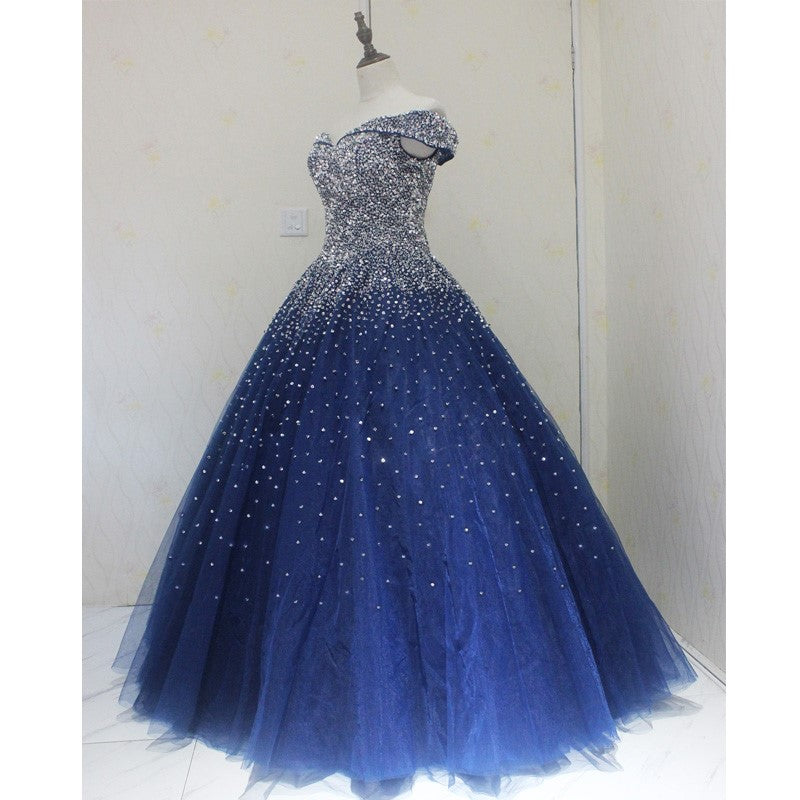 Blue Sequins Sweetheart Ball Gown Sweet 16 Gown, Blue Tulle Party Dress