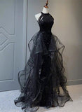 High Neckline Black Halter Shiny Tulle and Sequins Party Dress, Black Tulle Prom Dress