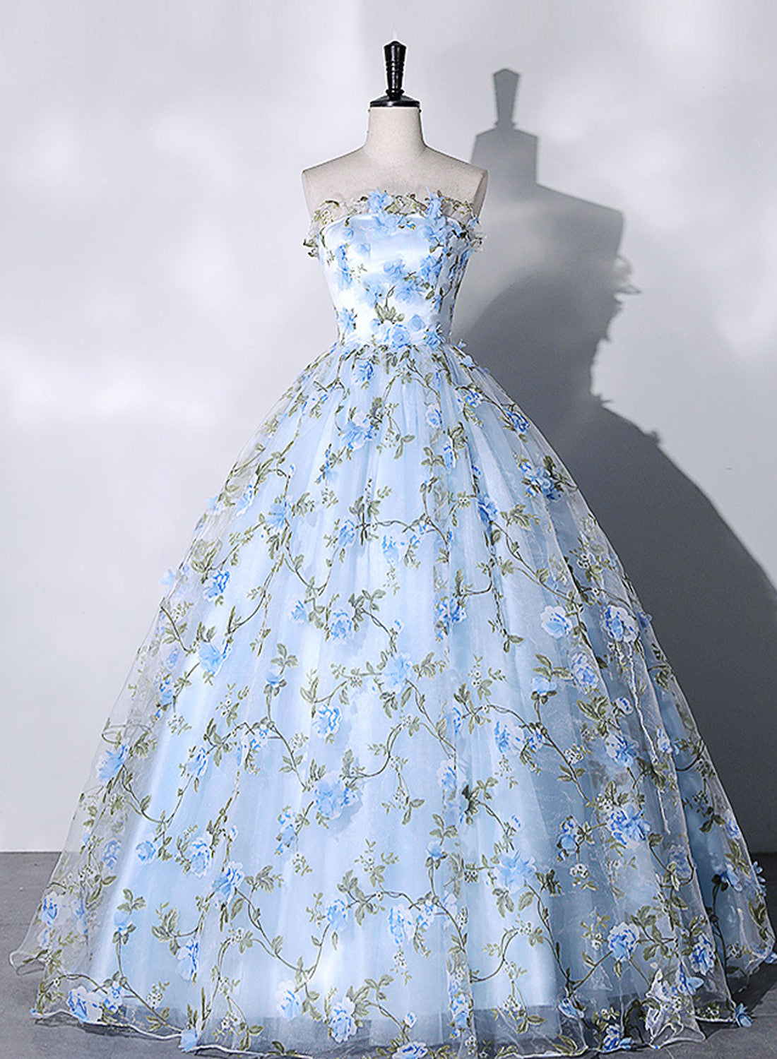 Blue Flowers Lace Ball Gown Long Formal Party Dress, Blue Evening Prom