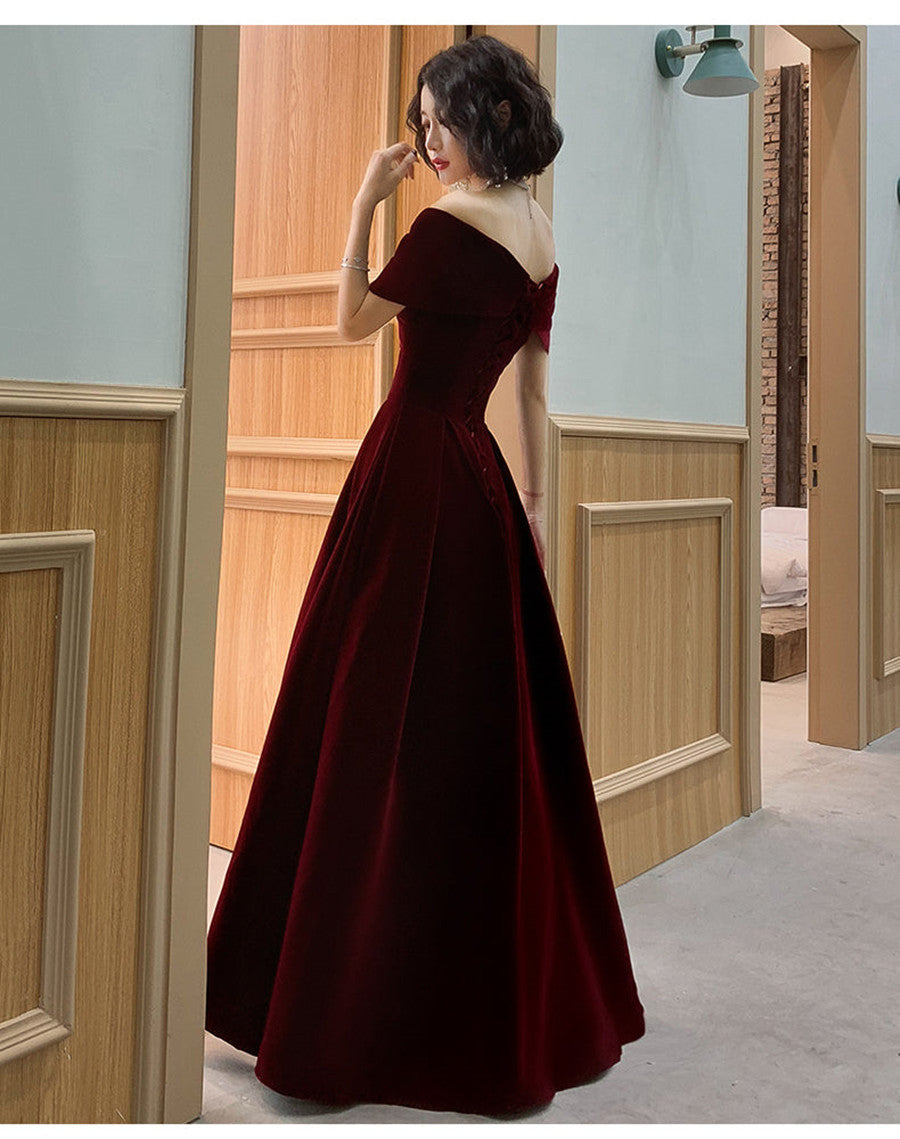 Wine Red Velvet Off Shoulder A-line Party Dress Prom Dress, Velvet Bridesmaid Dress