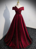 Wine Red and Black Satin Off Shoulder Prom Dress, A-line Long Party Dress