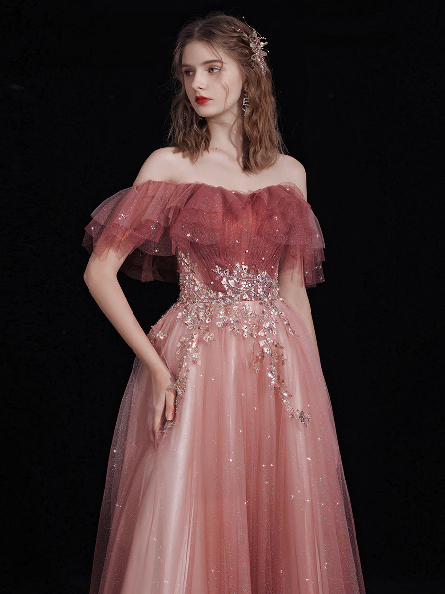 Off Shoulder Lace Applique Long Party Dress, Pink Tulle Prom Dress